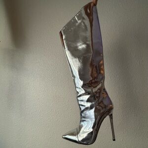 METALLIC SILVER LEATHER STILETTO KNEE HIGH BOOTS SIZE 7
